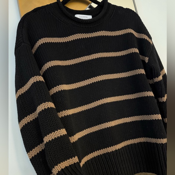 LA LIGNE Marina Striped Cotton Crewneck Pullover Sweater in black and tan Small - Picture 2 of 4